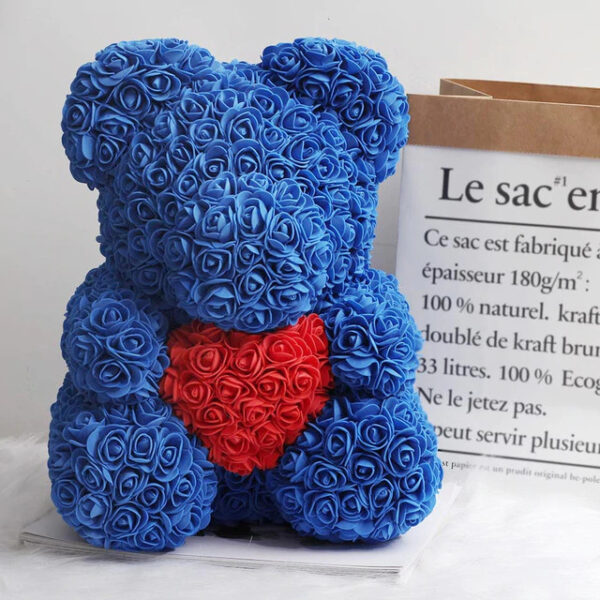 Medvedek iz penastih vrtnic, modre barve z rdečim srčkom, 40cm